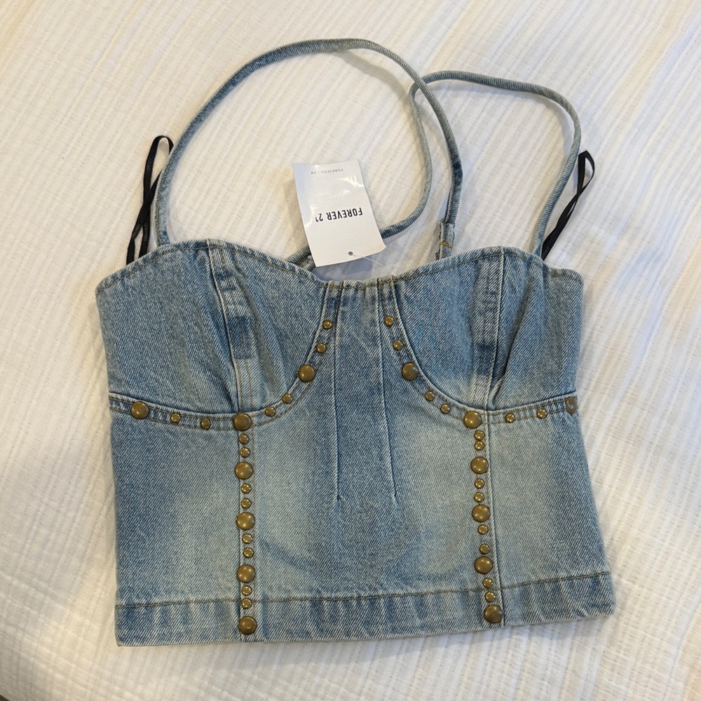 Forever 21 Light Blue Denim Bustier with Brass Studs